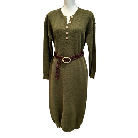 NWOT Long Knit Sweater Dress- Army Green | Button V-Neck + Long Sleeves (M) - Picture 7 of 16